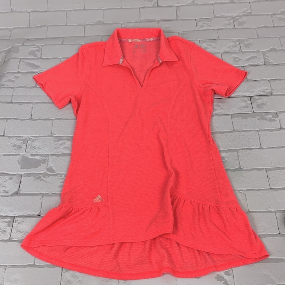 Adidas Ruffled polo shirt Size small bright coral pink Stretch